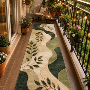 May include: A long rectangular runner rug featuring a wavy, organic pattern in shades of forest green, sage, and cream. The design includes stylized leaf motifs that follow the curves of the rug, creating a flowing, botanical aesthetic.