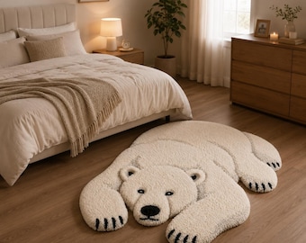 Polar Bear Shaped Tufted Rug – Soft Cream Animal Area Rug for Kids Room