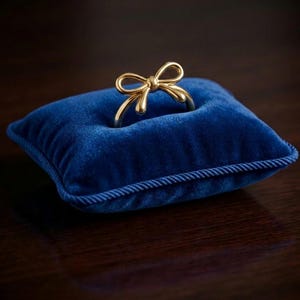 Puede incluir: Un anillo dorado con forma de lazo exhibido sobre un pequeño cojín cuadrado de terciopelo azul con ribete de cuerda. El anillo es el punto focal, con el diseño del lazo claramente visible. El cojín descansa sobre una superficie de madera oscura.