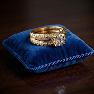 Puede incluir: Un juego de anillos de compromiso de oro con un gran diamante redondo central y diamantes más pequeños en la banda, descansando sobre un pequeño cojín cuadrado de terciopelo azul con ribete de cuerda. El anillo se exhibe sobre una superficie de madera oscura.