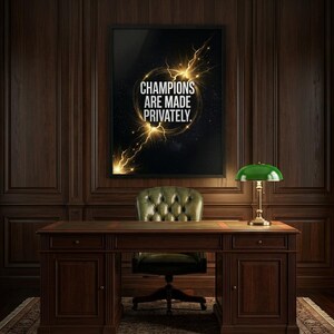 Champions Are Made Privately Poster, Luxury Snow White Bolt Wall Art, Golden Fissure Success Decor, Entrepreneur Gift, Premium Print.