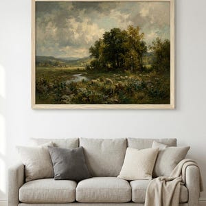Pastoral Sheep Meadow Wall Art – Vintage Countryside Landscape Painting, Rustic Nature Illustration for Aesthetic Home Decor