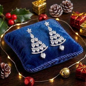 Puede incluir: Un par de pendientes colgantes plateados con forma de árbol de Navidad, con piedras transparentes facetadas en forma de corazón dispuestas en niveles, rematados con una estrella y un corazón en la base.