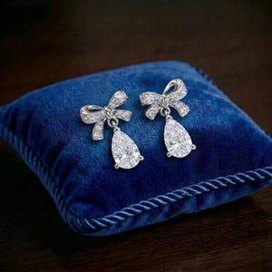 Bow Ribbon Drop Earrings Dainty Pear Cut Earrings Coquette Aesthetic Jewelry Sparkling Crystal Bows Bridal Shower Gift Anniversary For Her
