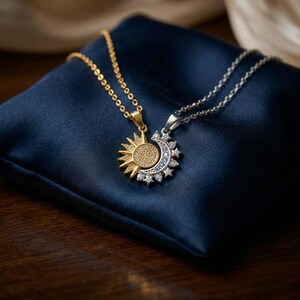 Magnetic Sun and Moon Couples Necklace, Matching Distance Relationship Jewelry, Stainless Steel Celestial Crystal Pendant, Best Friend Gift