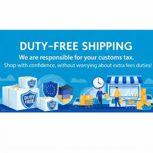 Peut inclure: Une banni&egrave;re graphique bleue avec le texte DUTY-FREE SHIPPING, We are responsible for your customs tax. Shop with confidence, without worrying about extra fees duties! Des bo&icirc;tes blanches avec des boucliers duty-free, une horloge et des gens.
