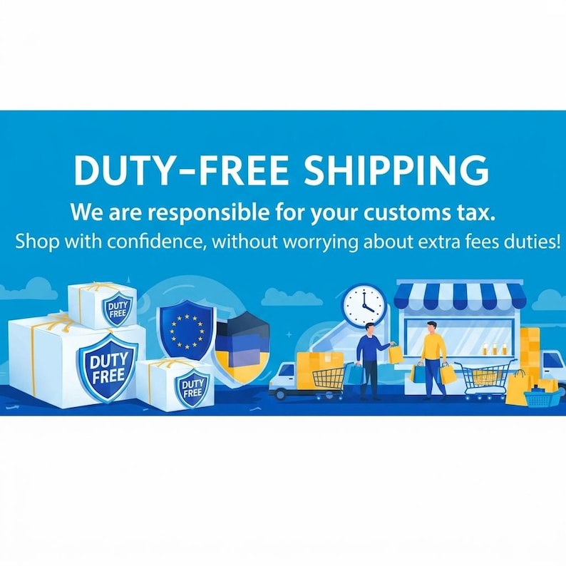 Peut inclure: Une banni&egrave;re graphique bleue avec le texte DUTY-FREE SHIPPING, We are responsible for your customs tax. Shop with confidence, without worrying about extra fees duties! Des bo&icirc;tes blanches avec des boucliers duty-free, une horloge et des gens.