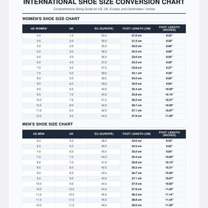 Peut inclure: Un tableau de conversion international des pointures de chaussures comprenant deux sections. Le document affiche des colonnes pour les tailles US, UK et EU, ainsi que des mesures de longueur de pied en centim&egrave;tres et en pouces pour r&eacute;f&eacute;rence.