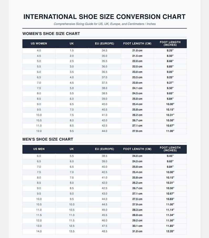 Peut inclure: Un tableau de conversion international des pointures de chaussures comprenant deux sections. Le document affiche des colonnes pour les tailles US, UK et EU, ainsi que des mesures de longueur de pied en centim&egrave;tres et en pouces pour r&eacute;f&eacute;rence.