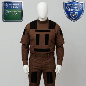 May include: Brown uniform with black accents, displayed on a mannequin. The outfit includes a long-sleeved shirt with short sleeves, pants, and patches. The uniform has a high collar and is designed with multiple pockets and panels.