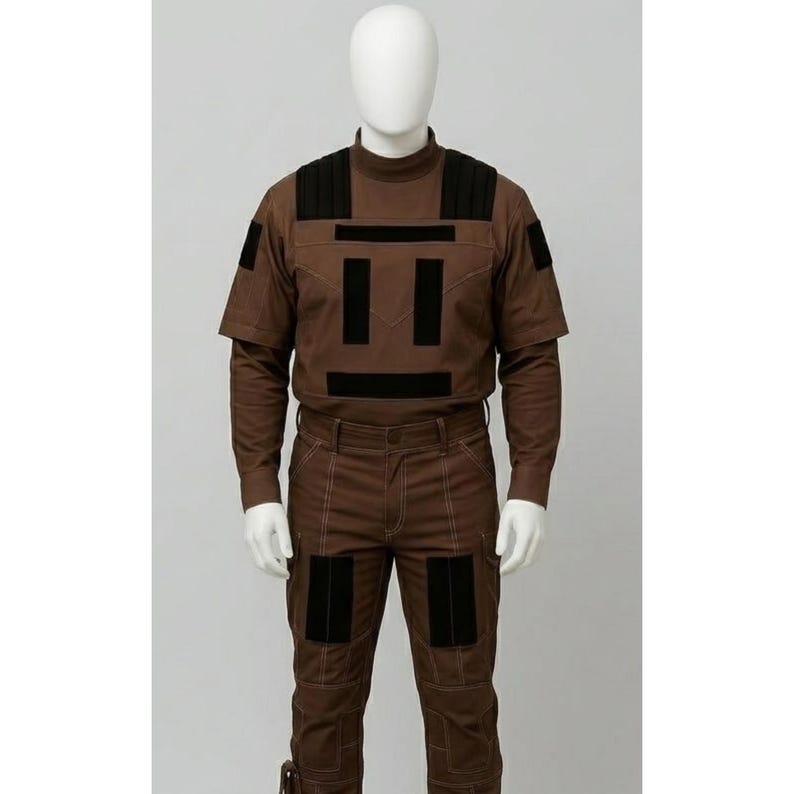 May include: Brown uniform with black accents, displayed on a mannequin. The outfit includes a long-sleeved shirt with short sleeves, pants, and black patches. The uniform has a high collar and is designed for a specific purpose.