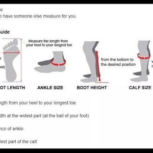 Peut inclure: Un tableau d'instructions en noir et blanc intitul&eacute; Shoes' Size Guide. Il pr&eacute;sente des sch&eacute;mas illustrant comment mesurer la longueur et la largeur du pied, la taille de la cheville, la hauteur et le mollet avec des lignes rouges.