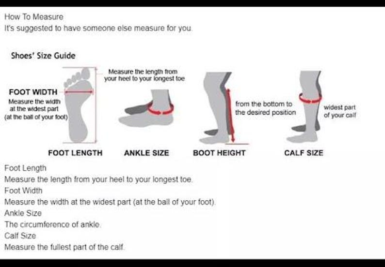 Peut inclure: Un tableau d'instructions en noir et blanc intitul&eacute; Shoes' Size Guide. Il pr&eacute;sente des sch&eacute;mas illustrant comment mesurer la longueur et la largeur du pied, la taille de la cheville, la hauteur et le mollet avec des lignes rouges.