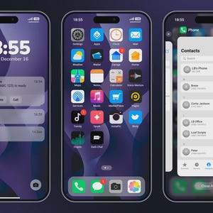 Könnte beinhalten: Drei Smartphones mit einem violetten abstrakten Hintergrundbild. Das erste zeigt einen Sperrbildschirm mit Benachrichtigungen, das zweite einen Startbildschirm mit App-Symbolen und das dritte eine geöffnete Kontaktliste mit Telefon-Overlay.