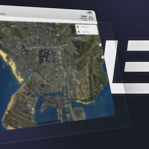 Puede incluir: Una interfaz digital para el Departamento de Policía de Los Santos mostrada en una pantalla, con una vista de mapa satelital de una ciudad costera, una barra lateral con iconos de navegación y las grandes letras blancas LB a la derecha.