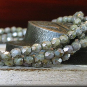 4mm Czech Glass Fire Polished Beads - Soft Sage Green Picasso Luster, 50 Beads