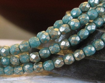 3mm Czech Glass Fire Polished Beads - Etched Green with Golden Wash, 50 Beads