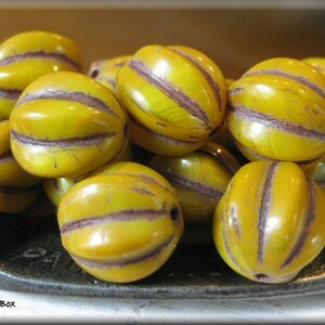 NEW SIZE!!! 12mm Czech Glass Melon Beads - Marbled Pumpkin Mustard Yellow with Brown Wash, 15 Beads
