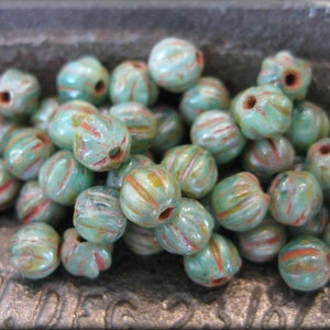 4mm Czech Glass Melon Bead - Marbled Green Picasso with Red Wash, 50 Beads