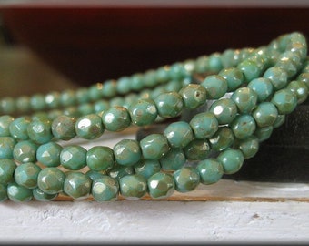 4mm Czech Glass Fire Polished Beads - Green Picasso Luster, 50 Beads