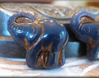 22mm Czech Glass Carved Elephant Beads - Violet with Matte Metallic Copper Wash - 2 Beads