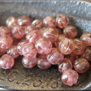 4mm Czech Glass Melon Bead - Rose and White Marbled with Golden Wash, 50 Beads