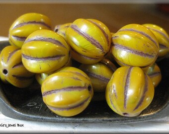 NEW SIZE!!! 12mm Czech Glass Melon Beads - Marbled Pumpkin Mustard Yellow with Brown Wash, 15 Beads