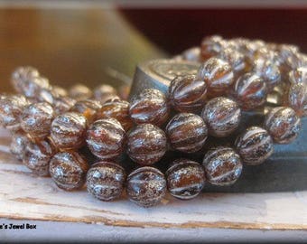 6mm Czech Glass Melon Bead - Rootbeer Brown with Antique Silver Luster, 25 Beads