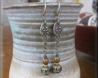 Bronze Dangle Earrings with Czech Glass Druk Beads and Mushroom Buttons, and Crystal Rondelles