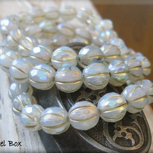 NEW 8mm FACETED Czech Glass Melon Bead White Opal and Clear Glass Marbled with AB Luster and Golden Wash, 20 Beads image 6