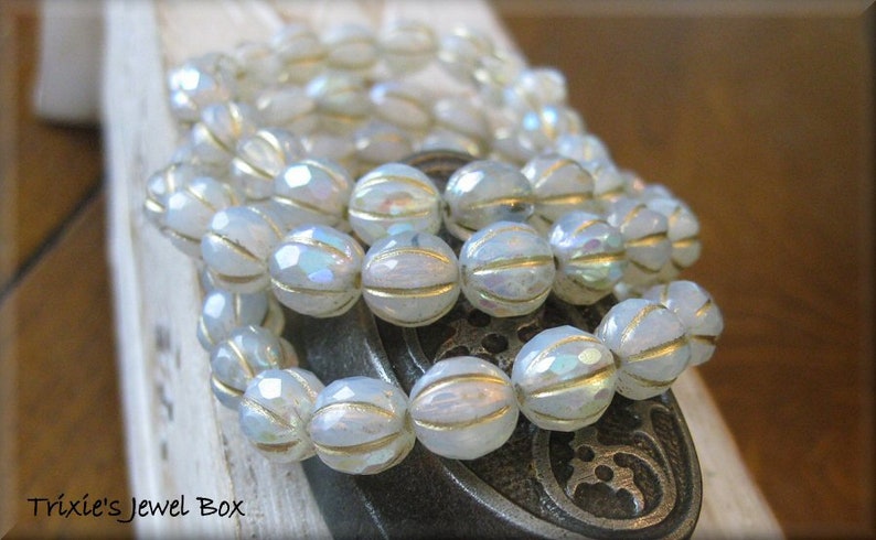 NEW 8mm FACETED Czech Glass Melon Bead White Opal and Clear Glass Marbled with AB Luster and Golden Wash, 20 Beads image 6