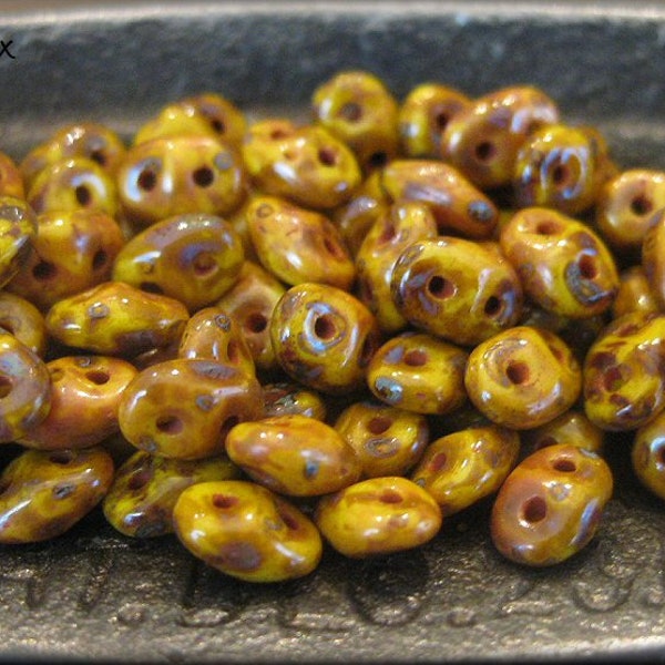 Czech Glass SuperDuo Seed Bead - Opaque Yellow with Heavy Picasso, 10 grams