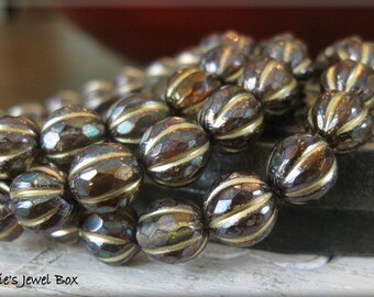 NEW - 8mm FACETED Czech Glass Melon Bead -Transparent Dark Root Beer Brown with Oil Slick Bronze Luster and Golden Wash , 20 Beads