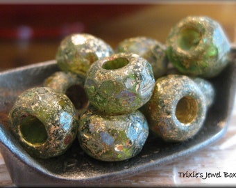 NEW Size!!! 8mm x 12mm Czech Glass Big-Hole Rondelles -  ETCHED Transparent Olive Picasso with Golden Wash, 5 Beads