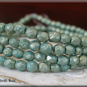 4mm Czech Glass Fire Polished Beads - ETCHED Green Teal with Heavy Golden Wash, 50 Beads