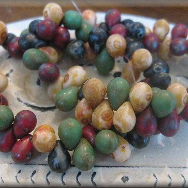 5mm x 7mm Czech Glass Drop Beads - Matte Opaque Picasso Mix, 50 Beads