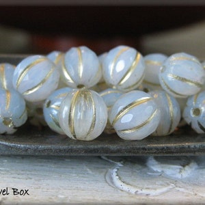 NEW 8mm FACETED Czech Glass Melon Bead White Opal and Clear Glass Marbled with AB Luster and Golden Wash, 20 Beads image 1