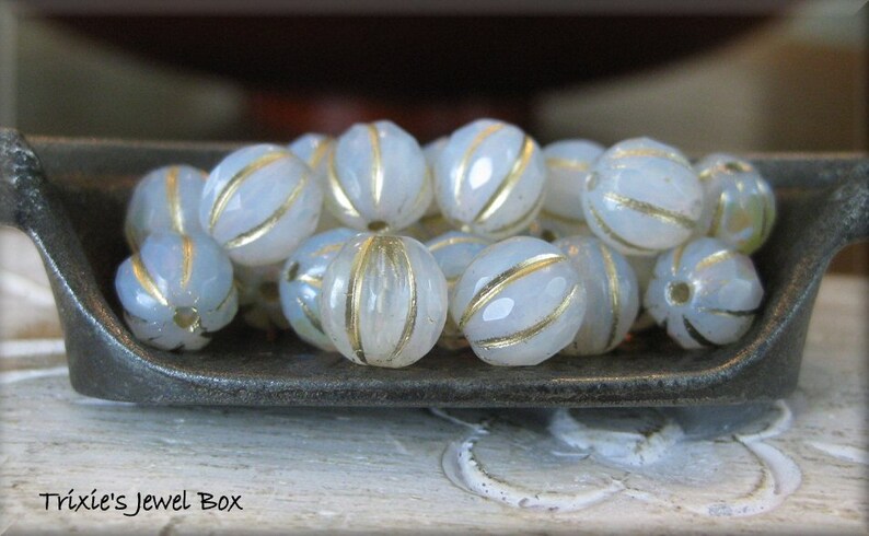 NEW 8mm FACETED Czech Glass Melon Bead White Opal and Clear Glass Marbled with AB Luster and Golden Wash, 20 Beads image 1