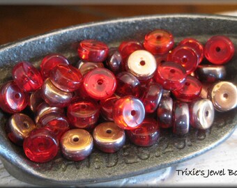 6mm x 3mm Czech Glass Heishi Spacer Beads - Transparent Ruby Candy Apple Red with Metallic Copper Half Coat, 50 Beads