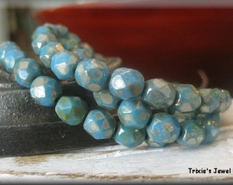 6mm Czech Glass Fire Polished Beads - Ocean Blue Picasso, 25 Beads