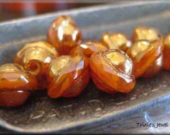 8mm x 10mm Czech Glass Saturn Rondelle Beads - Orange Marbled with Bronze Luster, 10 Beads