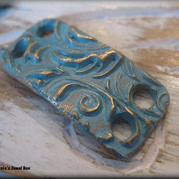 Handmade Solid Bronze  Rustic Bracelet Component - Medium Sky Blue Patina!