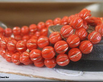 6mm Czech Glass Melon Bead - Coral with Gold Luster, 25 Beads