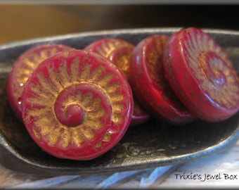 19mm Czech Glass Fossil Bead - Opaque Red with Bronze Wash, 1 Bead