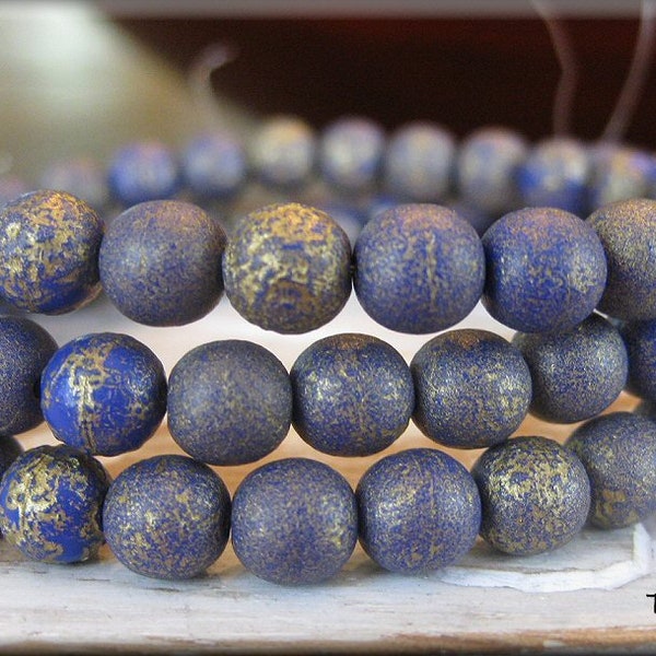 6mm Etched Czech Glass Druk Beads - Vibrant Indigo Blue with Golden Wash, 30 Beads