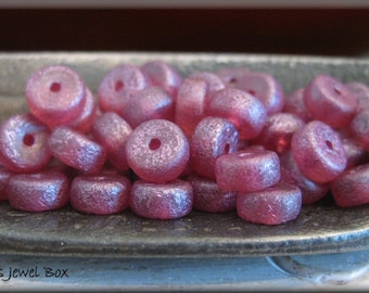 6mm x 3mm Czech Glass Heishi Spacer Beads - ETCHED Transparent Pale Rose Pink with Metallic Pink Wash, 50 Beads