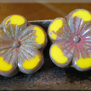 22mm Czech Glass Carved Hibiscus Flower Beads - Sunny Yellow with Brown and Red Wash - 2 Beads