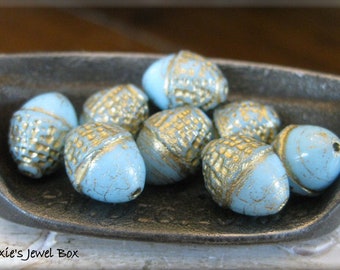 Four (4) Beads - 12mm Czech Glass Acorn Beads - Opaque Turquoise Sky Blue with Golden Wash, 4 Beads