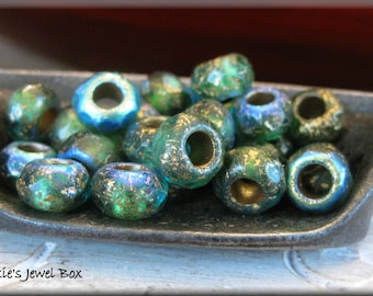 6mm x 9mm Czech Glass Big-Hole Rondelles -  ETCHED Emerald Green and Light Blue with Golden Wash and AB Luster, 10 Beads