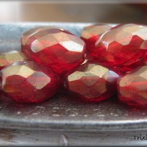 12mmx8mm Czech Faceted Glass Oval/Olives - Transparent Ruby Red with Golden Luster, 4 Beads